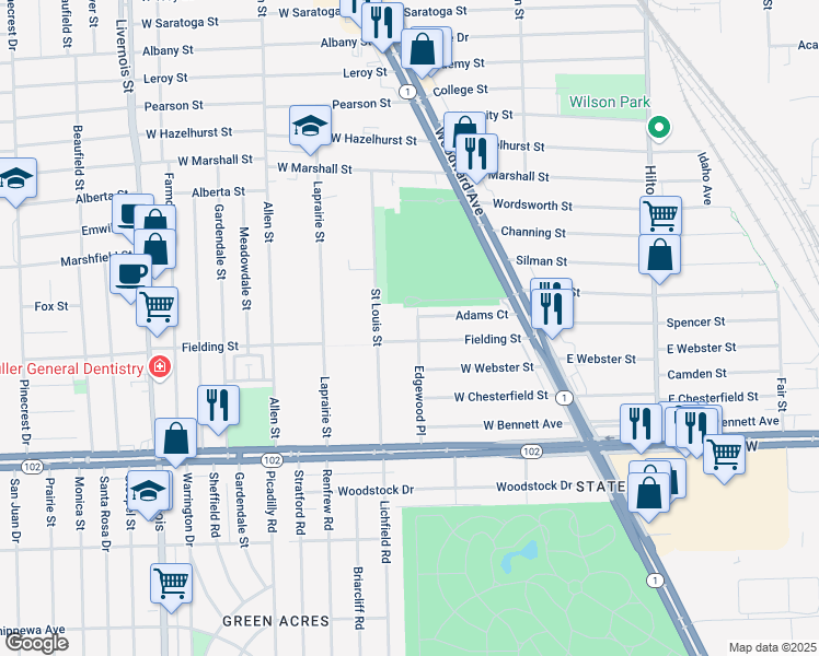 map of restaurants, bars, coffee shops, grocery stores, and more near 378 Fielding Street in Ferndale