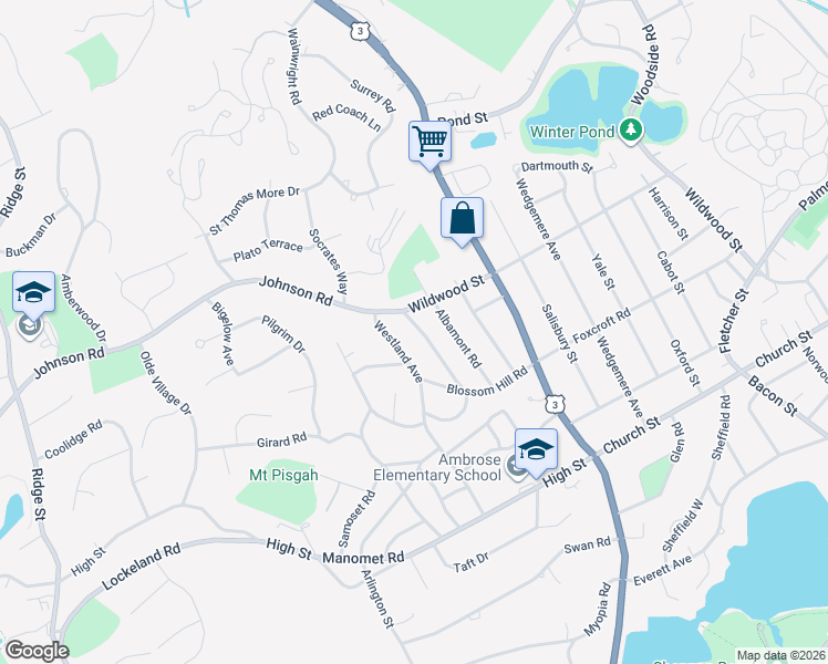 map of restaurants, bars, coffee shops, grocery stores, and more near 44 Robinhood Road in Winchester
