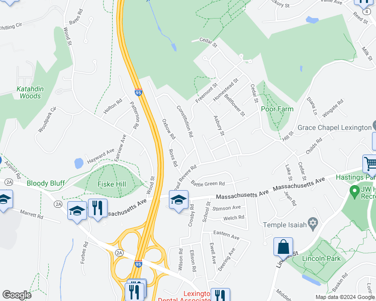 map of restaurants, bars, coffee shops, grocery stores, and more near 10 Revolutionary Road in Lexington