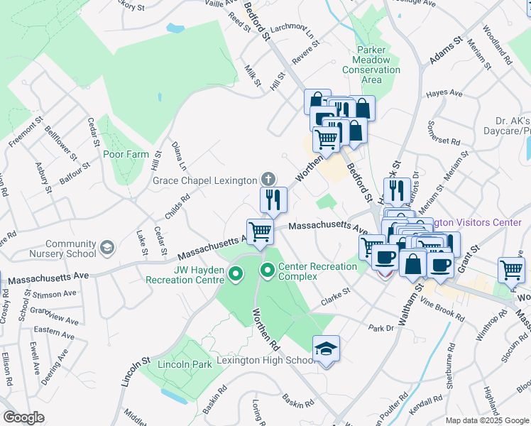 map of restaurants, bars, coffee shops, grocery stores, and more near 2013-2027 Massachusetts Avenue in Lexington