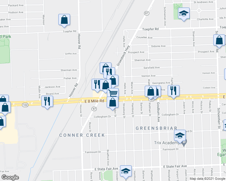 map of restaurants, bars, coffee shops, grocery stores, and more near 11815 East 8 Mile Road in Warren