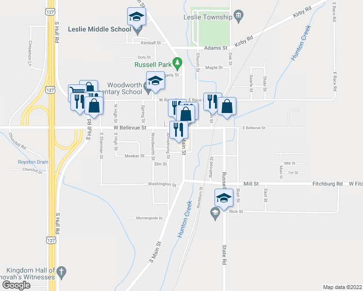 map of restaurants, bars, coffee shops, grocery stores, and more near 154 South Main Street in Leslie