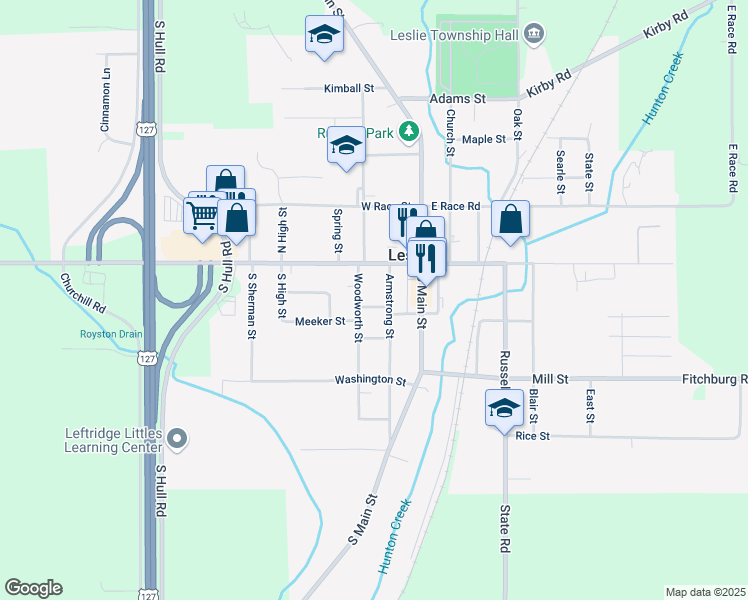 map of restaurants, bars, coffee shops, grocery stores, and more near 124 Armstrong Street in Leslie
