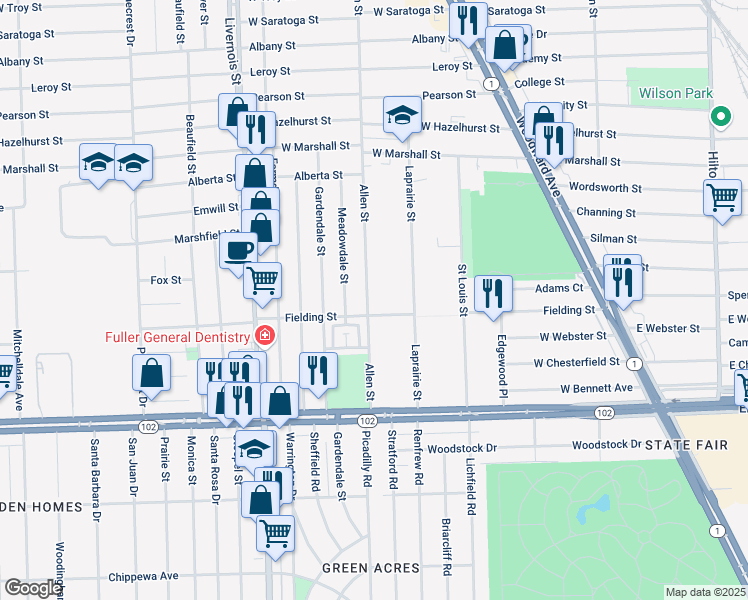 map of restaurants, bars, coffee shops, grocery stores, and more near 532 Allen Street in Ferndale