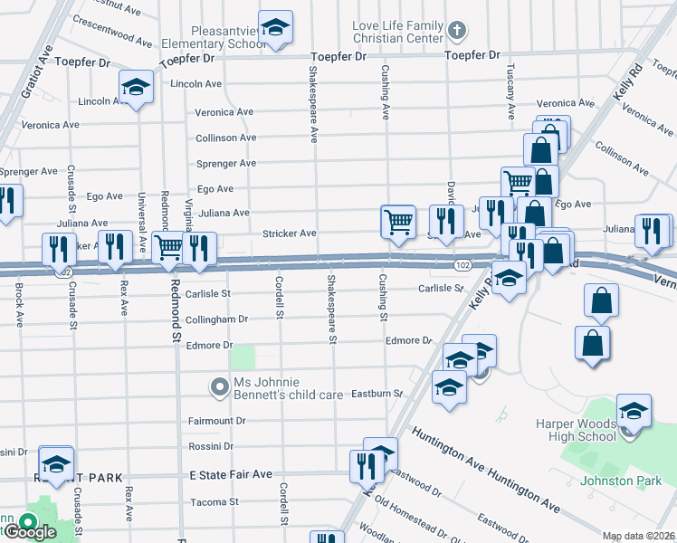 map of restaurants, bars, coffee shops, grocery stores, and more near 16612 Michigan 102 in Detroit