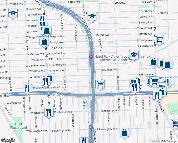 map of restaurants, bars, coffee shops, grocery stores, and more near 836 East Milton Avenue in Hazel Park