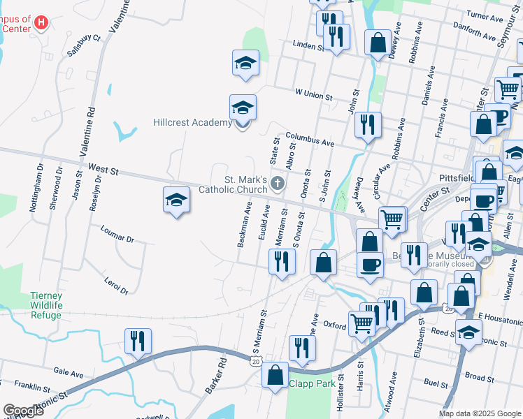 map of restaurants, bars, coffee shops, grocery stores, and more near 12 Euclid Avenue in Pittsfield