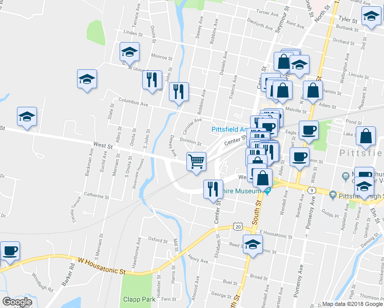 map of restaurants, bars, coffee shops, grocery stores, and more near 15 Circular Avenue in Pittsfield
