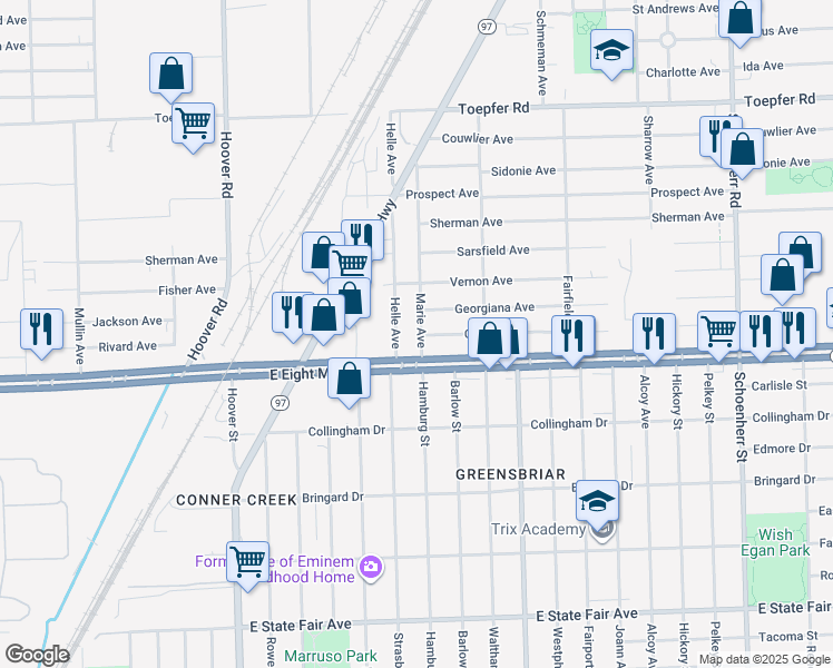 map of restaurants, bars, coffee shops, grocery stores, and more near 20763 Marie Avenue in Warren