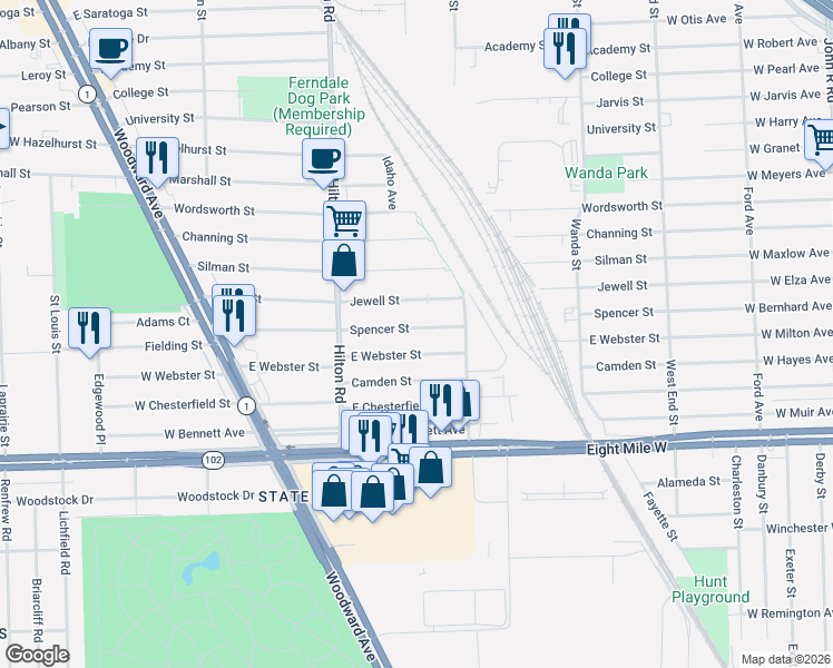 map of restaurants, bars, coffee shops, grocery stores, and more near 684 Spencer Street in Ferndale