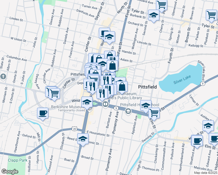 map of restaurants, bars, coffee shops, grocery stores, and more near 117 Fenn Street in Pittsfield