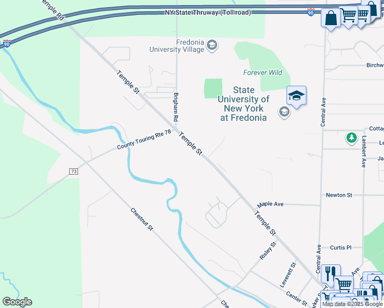 map of restaurants, bars, coffee shops, grocery stores, and more near 334 Temple Street in Fredonia