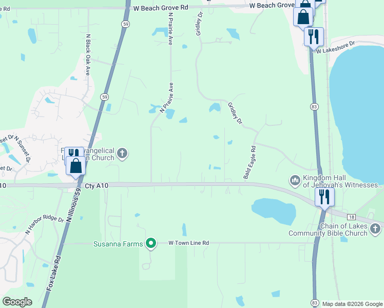 map of restaurants, bars, coffee shops, grocery stores, and more near 23980 West Grass Lake Road in Antioch