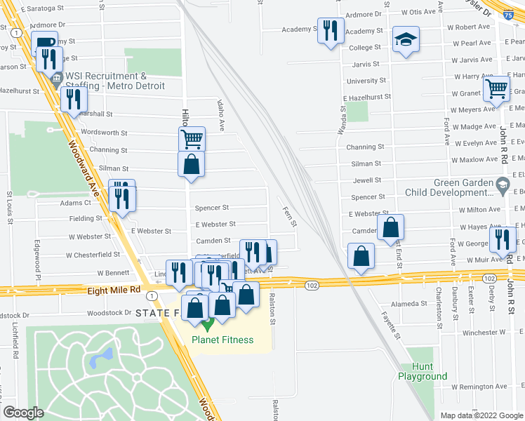 map of restaurants, bars, coffee shops, grocery stores, and more near 860 Spencer Street in Ferndale