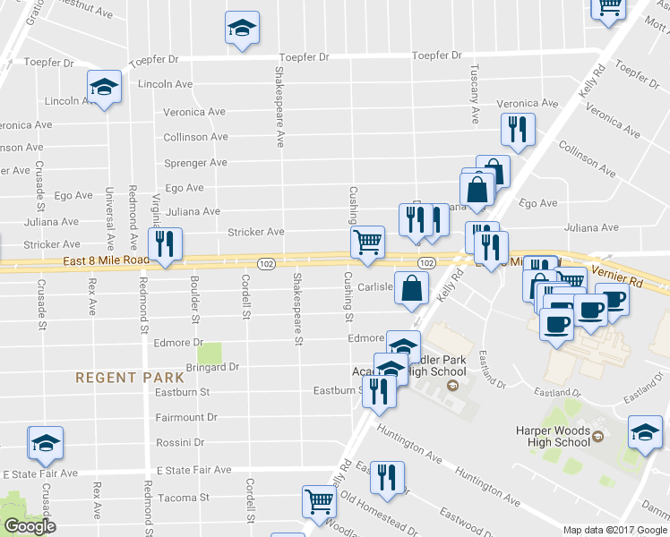 map of restaurants, bars, coffee shops, grocery stores, and more near 16690 Michigan 102 in Detroit