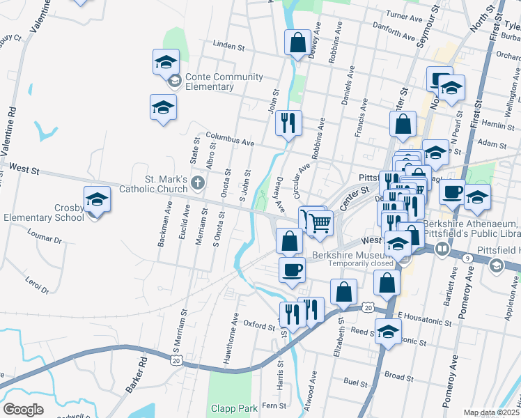 map of restaurants, bars, coffee shops, grocery stores, and more near 310 West Street in Pittsfield
