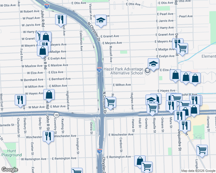 map of restaurants, bars, coffee shops, grocery stores, and more near 1016 East Milton Avenue in Hazel Park