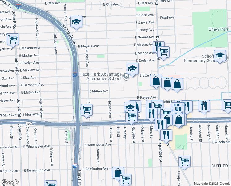map of restaurants, bars, coffee shops, grocery stores, and more near 1436 East Milton Avenue in Hazel Park