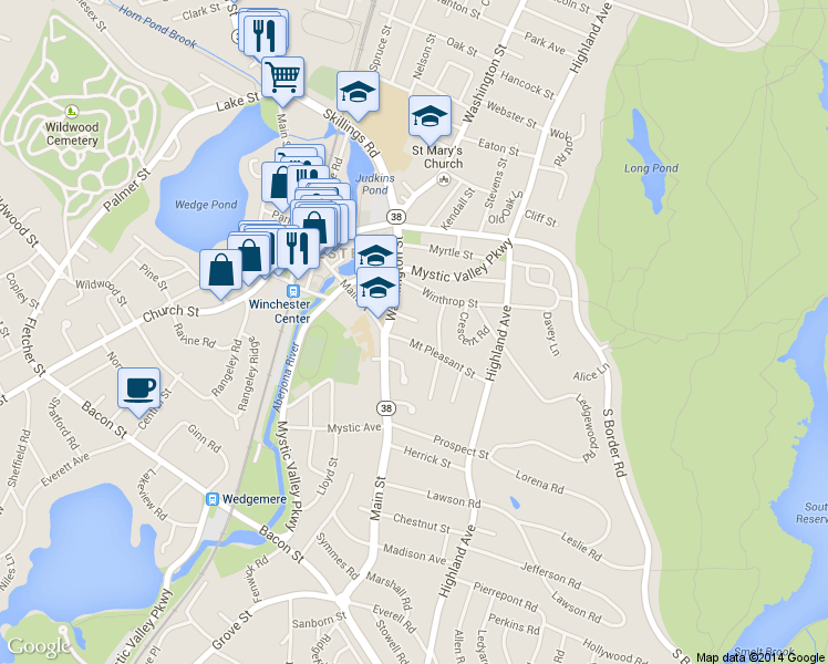 map of restaurants, bars, coffee shops, grocery stores, and more near 10 Mt Pleasant St in Winchester