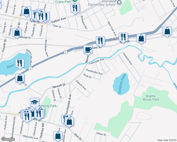 map of restaurants, bars, coffee shops, grocery stores, and more near 20 Pembroke Avenue in Pittsfield
