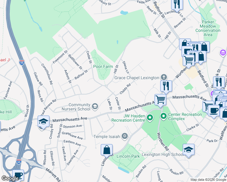 map of restaurants, bars, coffee shops, grocery stores, and more near 43 Cedar Street in Lexington