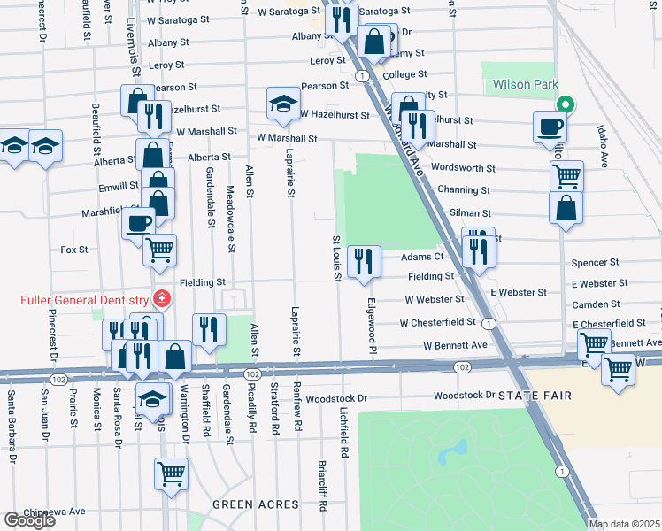 map of restaurants, bars, coffee shops, grocery stores, and more near 529 Saint Louis Street in Ferndale