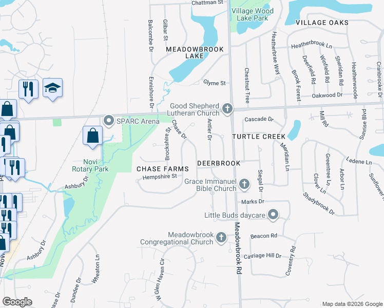 map of restaurants, bars, coffee shops, grocery stores, and more near 22187 Chase Drive in Novi