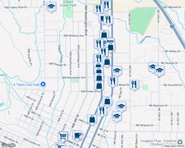 map of restaurants, bars, coffee shops, grocery stores, and more near 1206 Northwest Conklin Avenue in Grants Pass