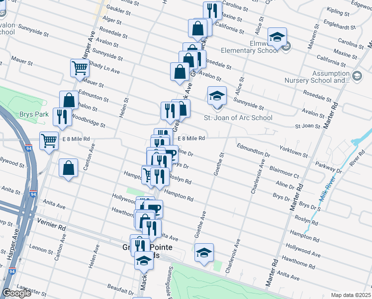 map of restaurants, bars, coffee shops, grocery stores, and more near 1836 Aline Drive in Grosse Pointe Woods