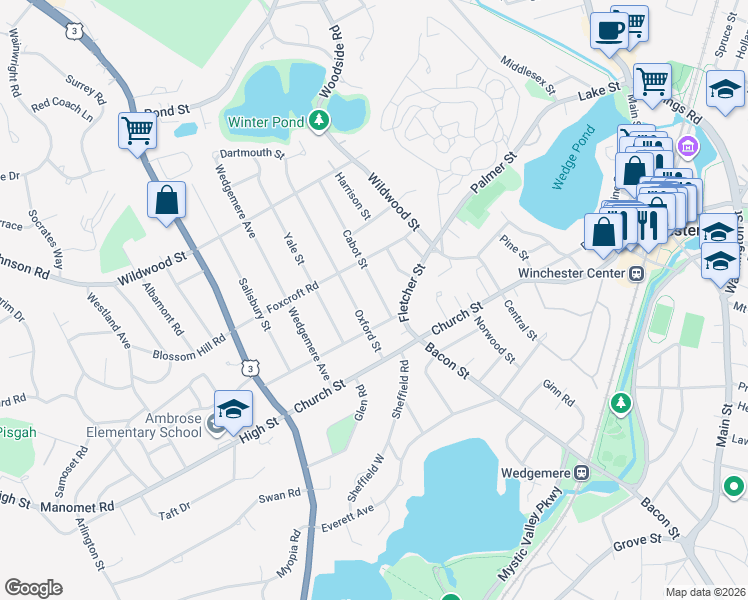 map of restaurants, bars, coffee shops, grocery stores, and more near 10 Cabot Street in Winchester