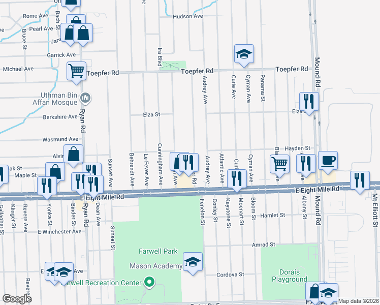 map of restaurants, bars, coffee shops, grocery stores, and more near 20887 Doepfer Road in Warren