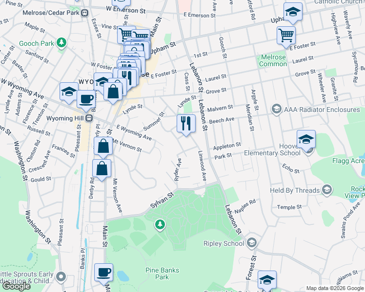 map of restaurants, bars, coffee shops, grocery stores, and more near 19 Gibbons Street in Melrose