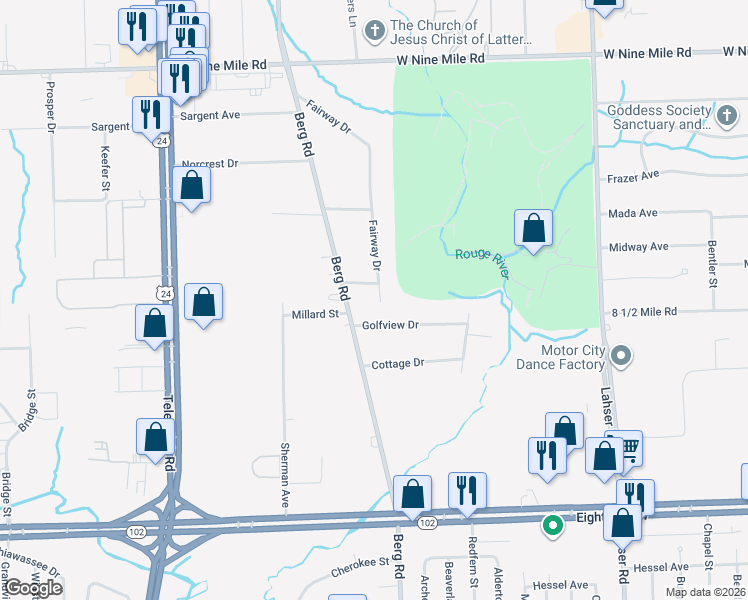 map of restaurants, bars, coffee shops, grocery stores, and more near 21641 Fairway Drive in Southfield