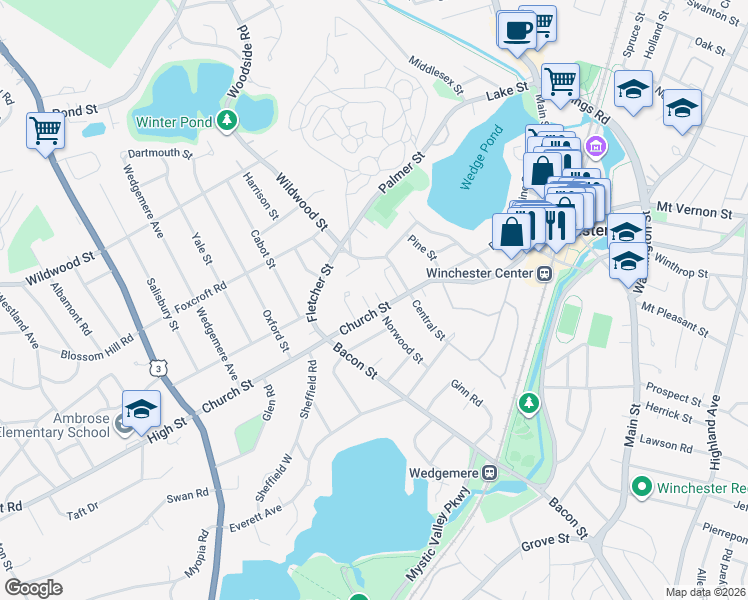 map of restaurants, bars, coffee shops, grocery stores, and more near 79 Church Street in Winchester