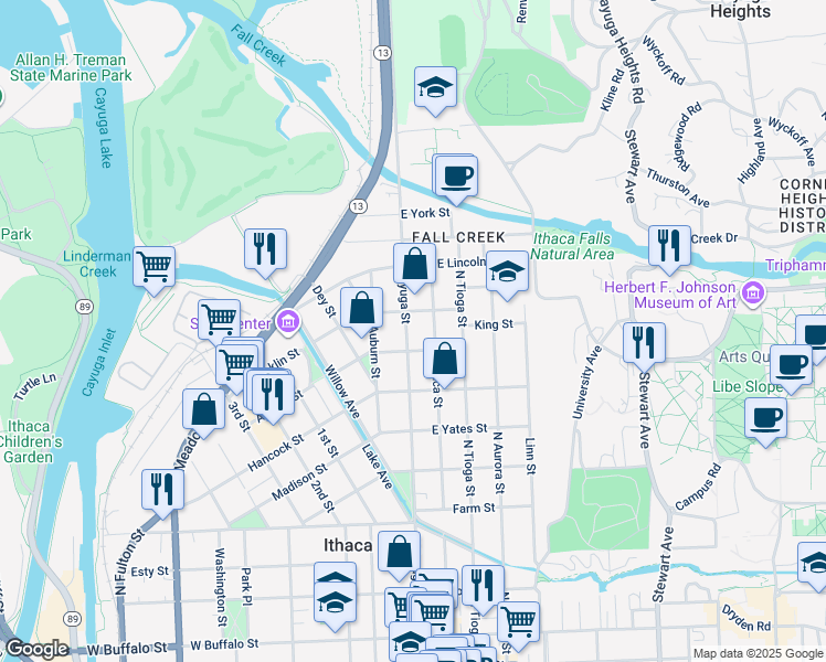 map of restaurants, bars, coffee shops, grocery stores, and more near 909 North Cayuga Street in Ithaca