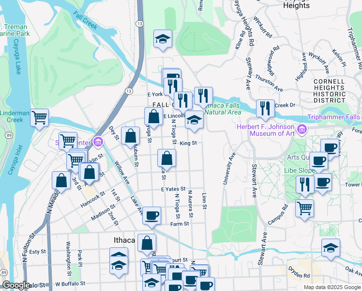map of restaurants, bars, coffee shops, grocery stores, and more near 105 King Street in Ithaca