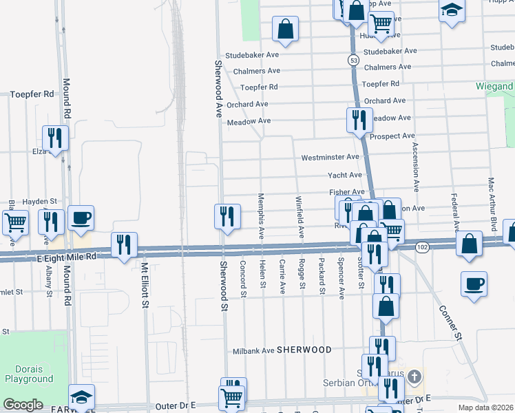 map of restaurants, bars, coffee shops, grocery stores, and more near 6807 Jackson Avenue in Warren