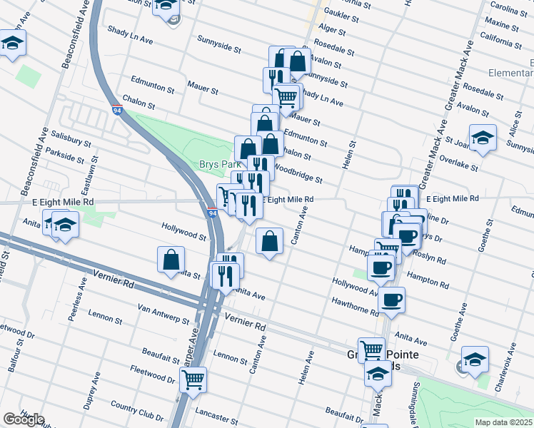 map of restaurants, bars, coffee shops, grocery stores, and more near 20851 Hampton Road in Harper Woods