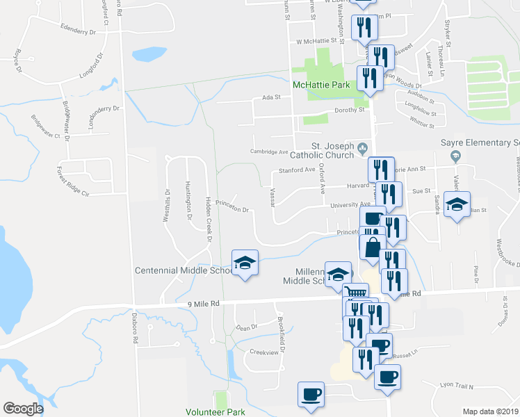 map of restaurants, bars, coffee shops, grocery stores, and more near 460 Princeton Drive in South Lyon