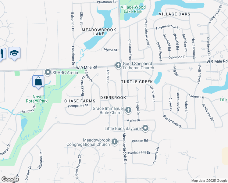 map of restaurants, bars, coffee shops, grocery stores, and more near 41474 Reindeer Drive in Novi