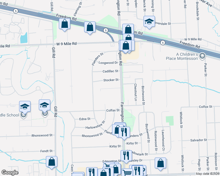map of restaurants, bars, coffee shops, grocery stores, and more near 33541 Stocker Street in Farmington Hills