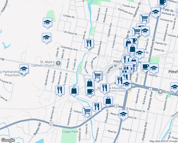 map of restaurants, bars, coffee shops, grocery stores, and more near 292 West Street in Pittsfield