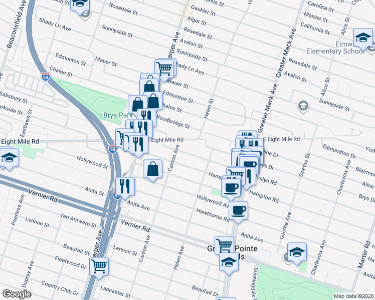 map of restaurants, bars, coffee shops, grocery stores, and more near 2223 Roslyn Road in Grosse Pointe Woods