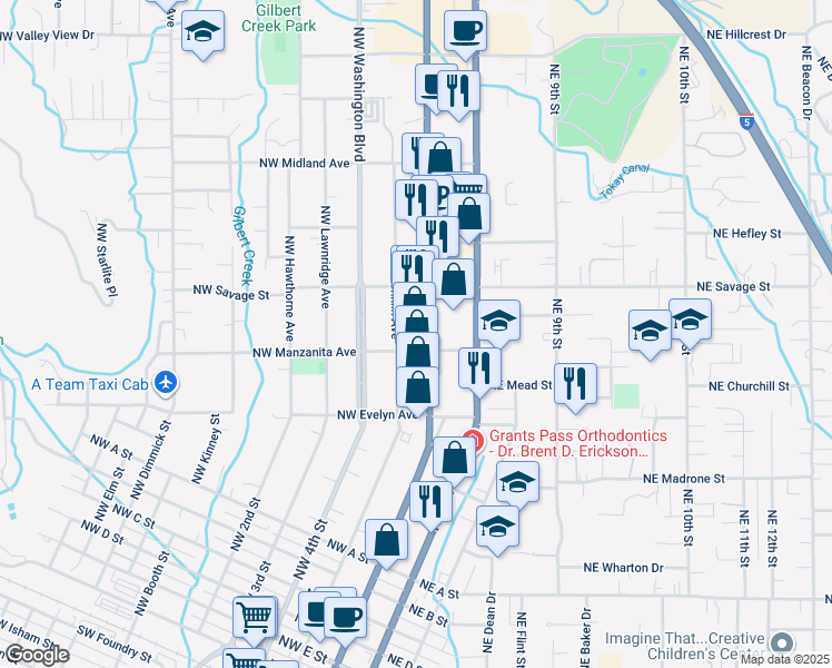 map of restaurants, bars, coffee shops, grocery stores, and more near 1203-1215 NE 6th St in Grants Pass