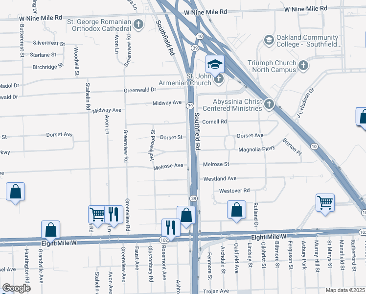 map of restaurants, bars, coffee shops, grocery stores, and more near 18110 Magnolia Avenue in Southfield