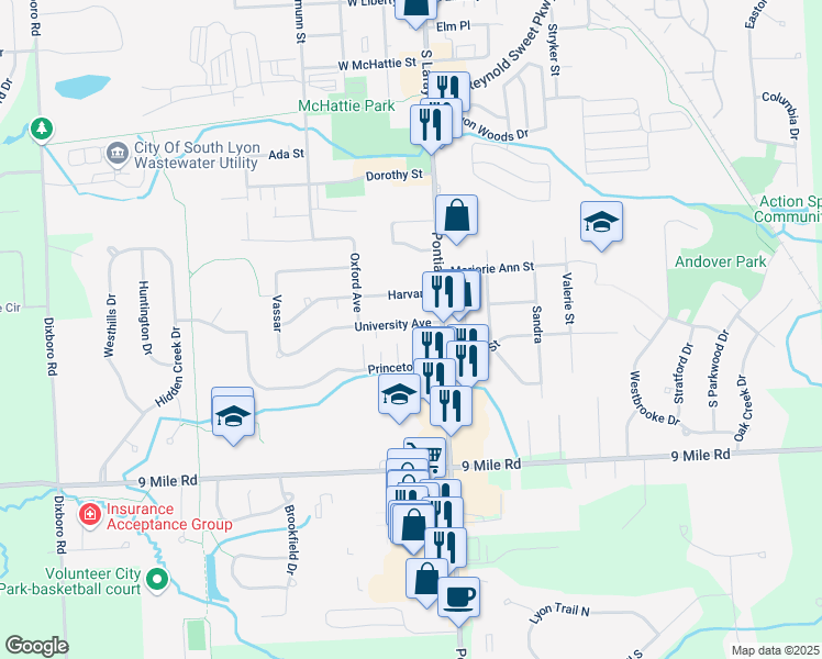 map of restaurants, bars, coffee shops, grocery stores, and more near 151 University Avenue in South Lyon