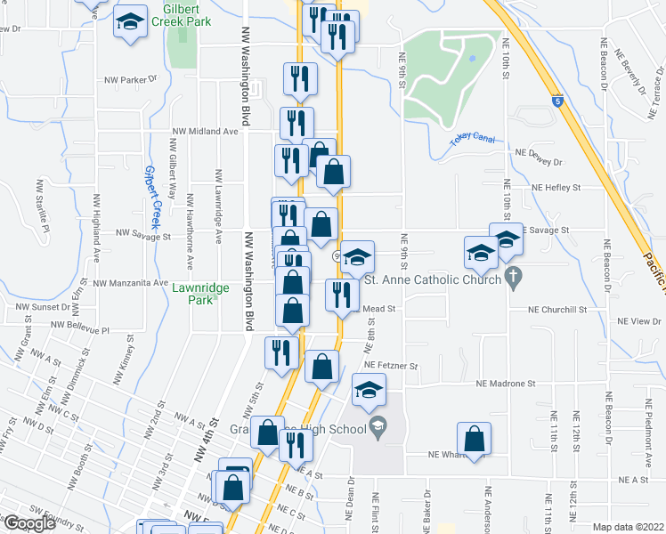 map of restaurants, bars, coffee shops, grocery stores, and more near 1212 Northeast 7th Street in Grants Pass