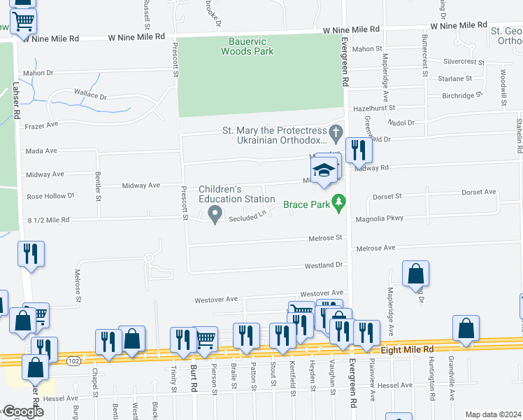 map of restaurants, bars, coffee shops, grocery stores, and more near 21631 Tapert Avenue in Southfield