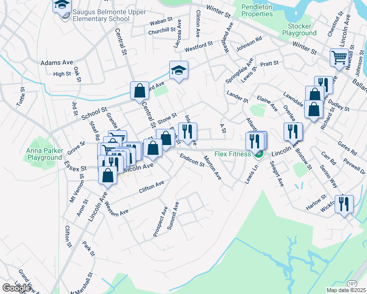 map of restaurants, bars, coffee shops, grocery stores, and more near 371 1/2 Lincoln Avenue in Saugus