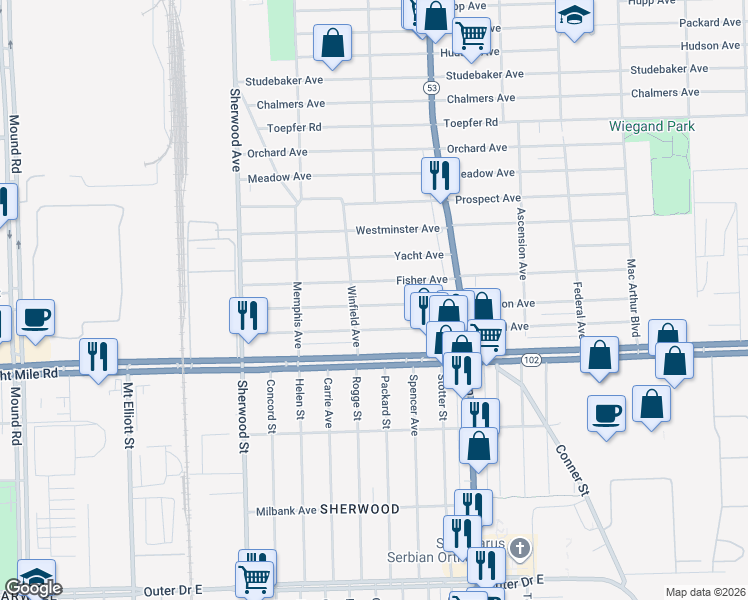 map of restaurants, bars, coffee shops, grocery stores, and more near 7215 Jackson Avenue in Warren